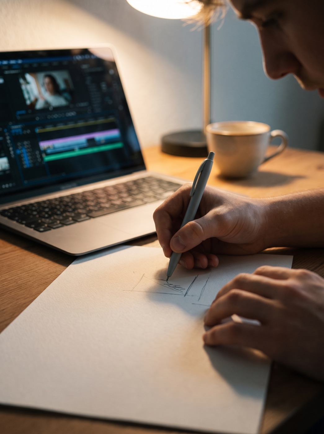 Skizzieren eines Storyboards neben einem Laptop mit geöffneter Schnitt-Timeline