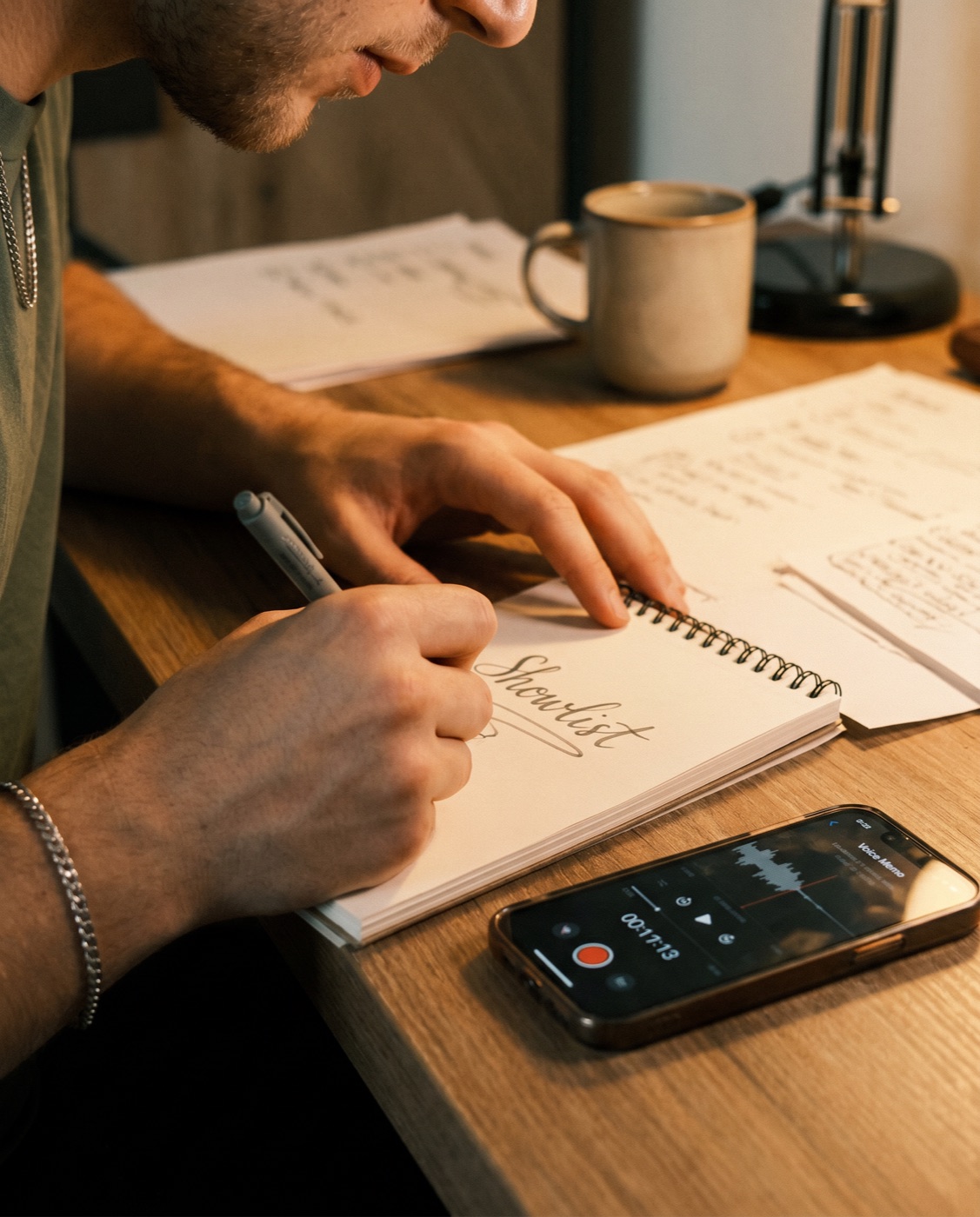 Handschriftliche Shortlist der Drehthemen, daneben ein Smartphone mit laufender Sprachaufnahme