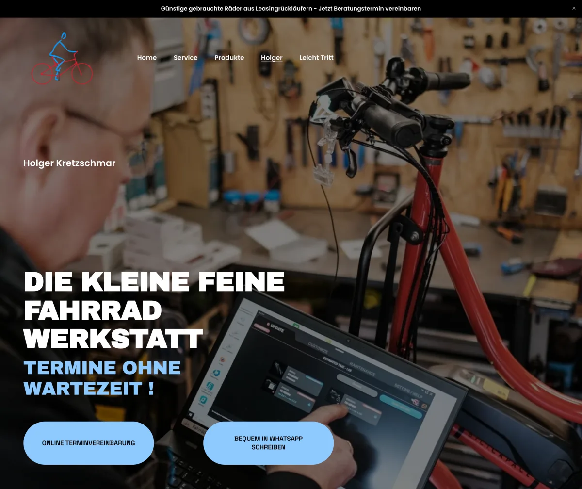 Kontaktseite: Überschrift „Die kleine feine Fahrradwerkstatt“ mit „Termine ohne Wartezeit“ über einem Foto aus der Werkstatt